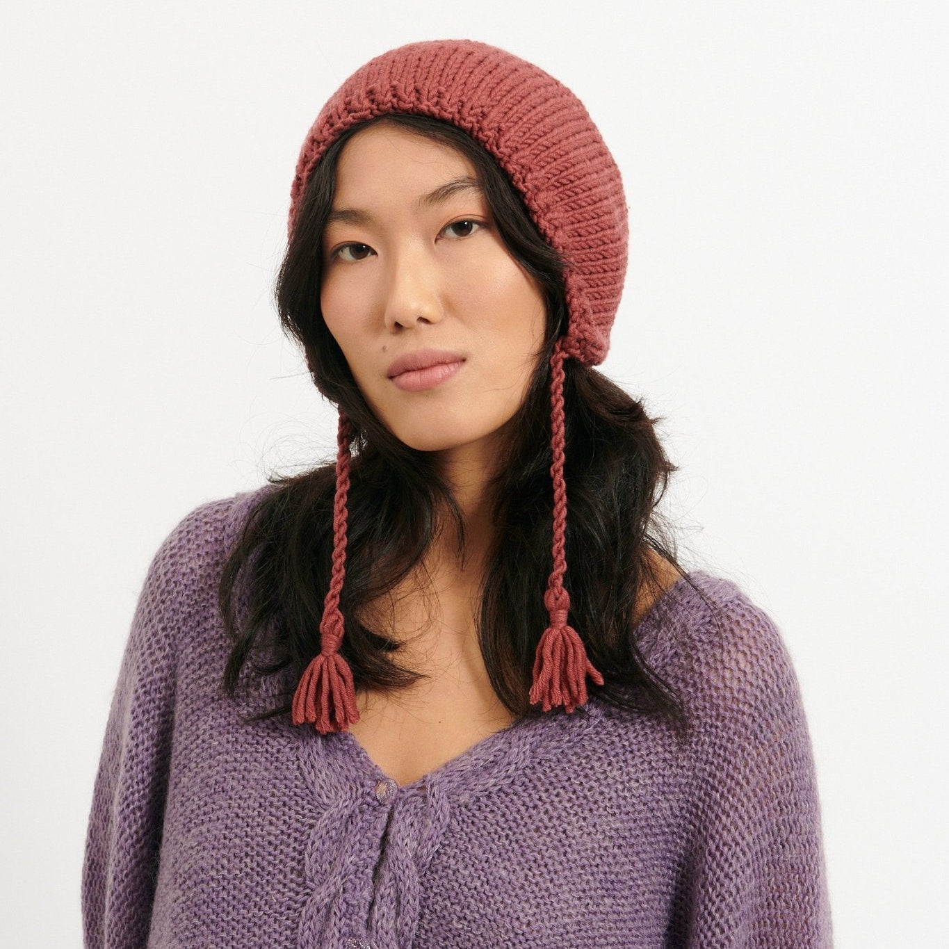 Bonnet Beguin Tricoté Main Bois de Rose - Woolly Mallow