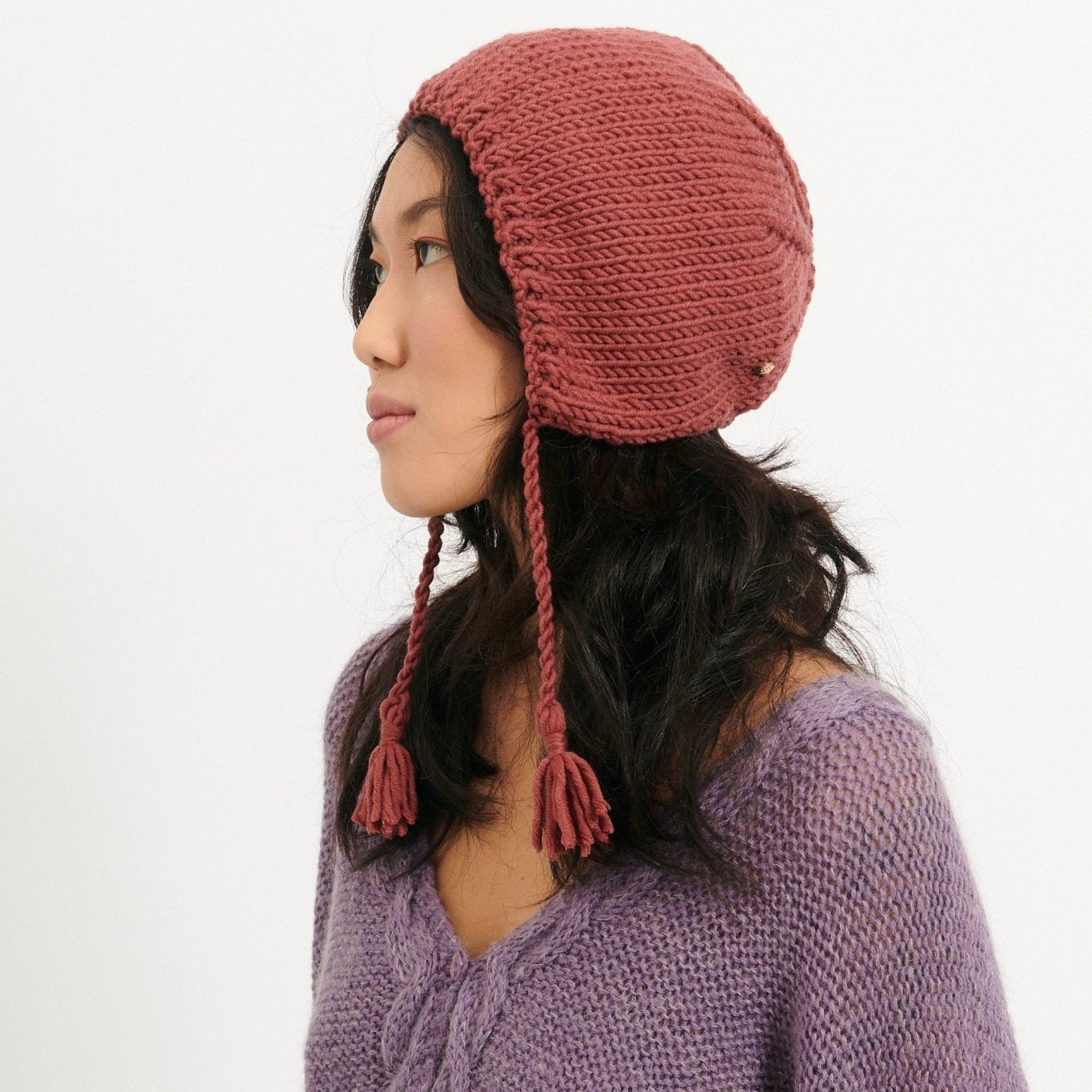 Bonnet Beguin Tricoté Main Bois de Rose - Woolly Mallow